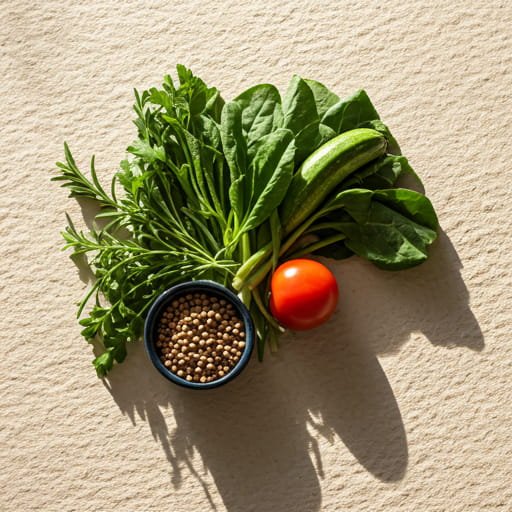 Composition de légumes verts frais, herbes aromatiques et graines.